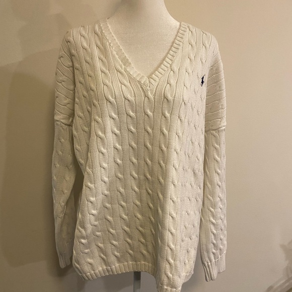 Polo Ralph Lauren Women's V-Neck White Cable Knit Cotton Sweater size X-Large - Picture 2 of 12